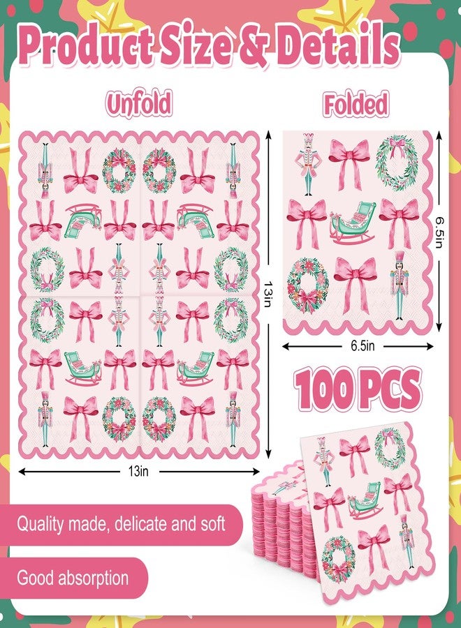 Whaline 100Pcs Christmas Scalloped Paper Napkin Pink Green Nutcracker Wreath Bow Disposable Luncheon Napkins Dinner Hand Napkins for Xmas Party Supplies Table Decor - Image 2